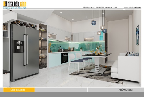 Tủ bếp màu xanh tươi mát và hiện đại nhà chị Thanh - NBX225
